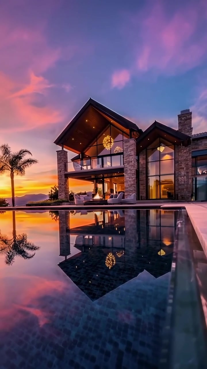 Villa moderna de lujo con piscina infinita en el atardecer