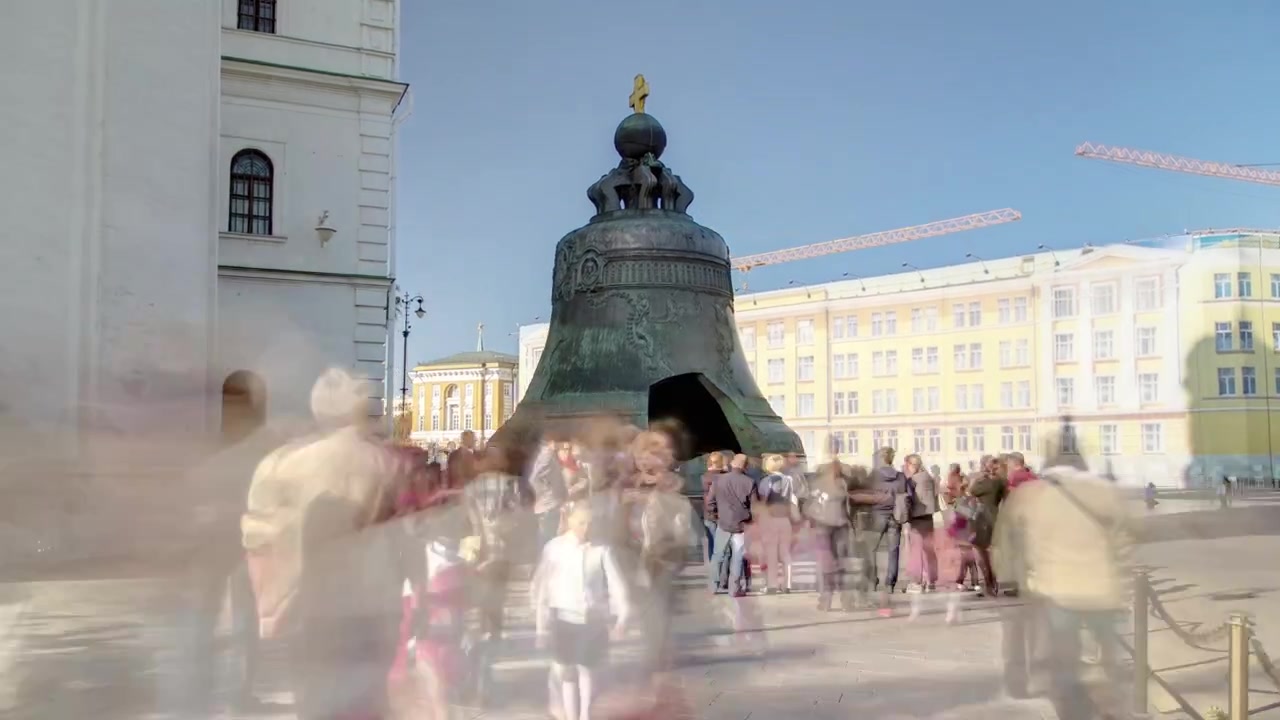 View of the Tsar-bell (King Bell) in Moscow Kremlin, a popular touristic landmark timelapse hyperlapse. UNESCO World Heritage Site. Russia