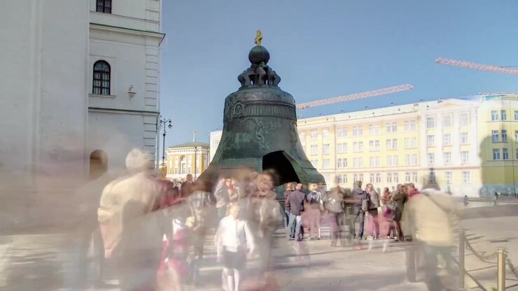 View of the Tsar-bell (King Bell) in Moscow Kremlin, a popular touristic landmark timelapse hyperlapse. UNESCO World Heritage Site. Russia