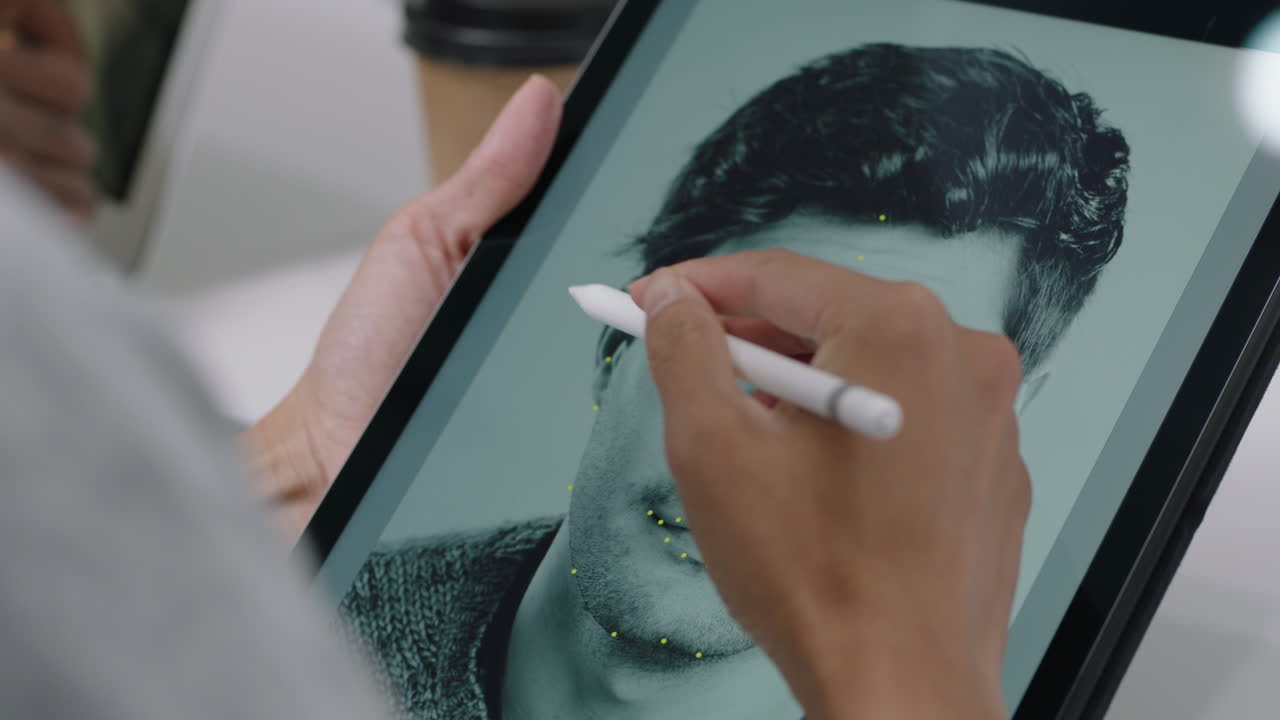 태블릿 컴퓨터를 사용하여 모바일 통신 기술을 위한 얼굴 인식 소프트웨어 애플리케이션을 설계하는 여성 비즈니스 엔지니어 디자인 솔루션을 논의하고 프로젝트 아이디어를 공유합니다