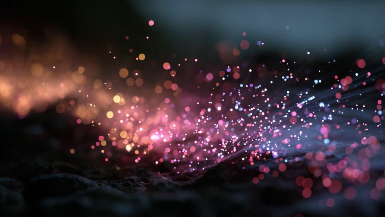 Colorful glowing particles flowing along a dark, undulating surface, representing a futuristic concept of data transmission, neural networks, or energy flow in an abstract, technological landscape