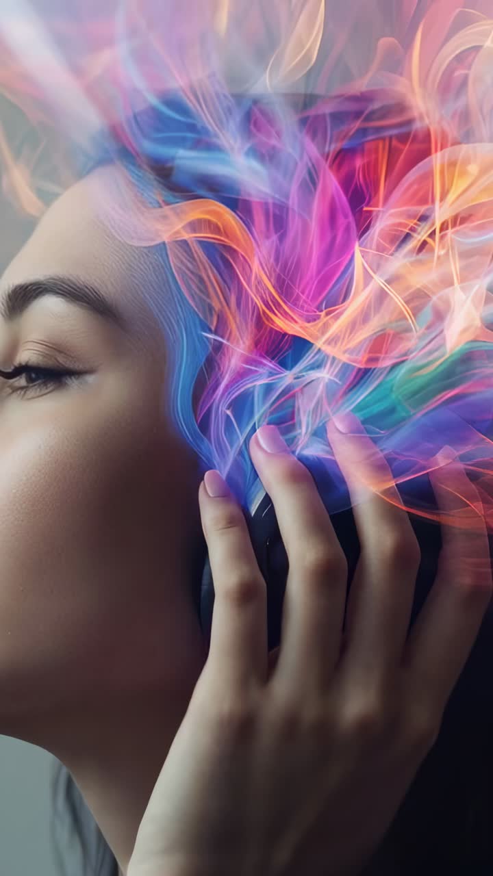 Vertical video: Cupping earpiece, woman holding headphone at studio as vivid smoke rising to hear