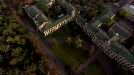 flight of the drone over the roofs of the old city