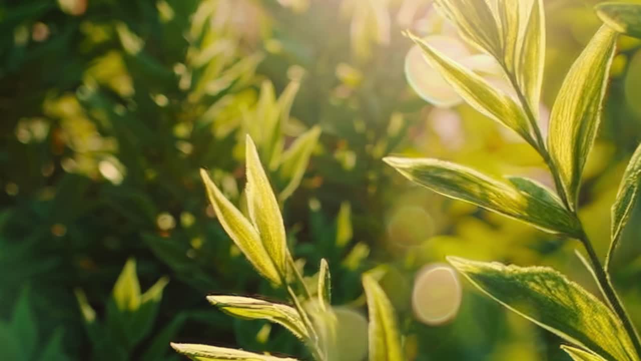 日光が当たる緑の葉のクローズアップ動画（ローアングルから撮影、ボケ効果あり）。