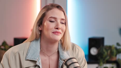 woman recording podcast