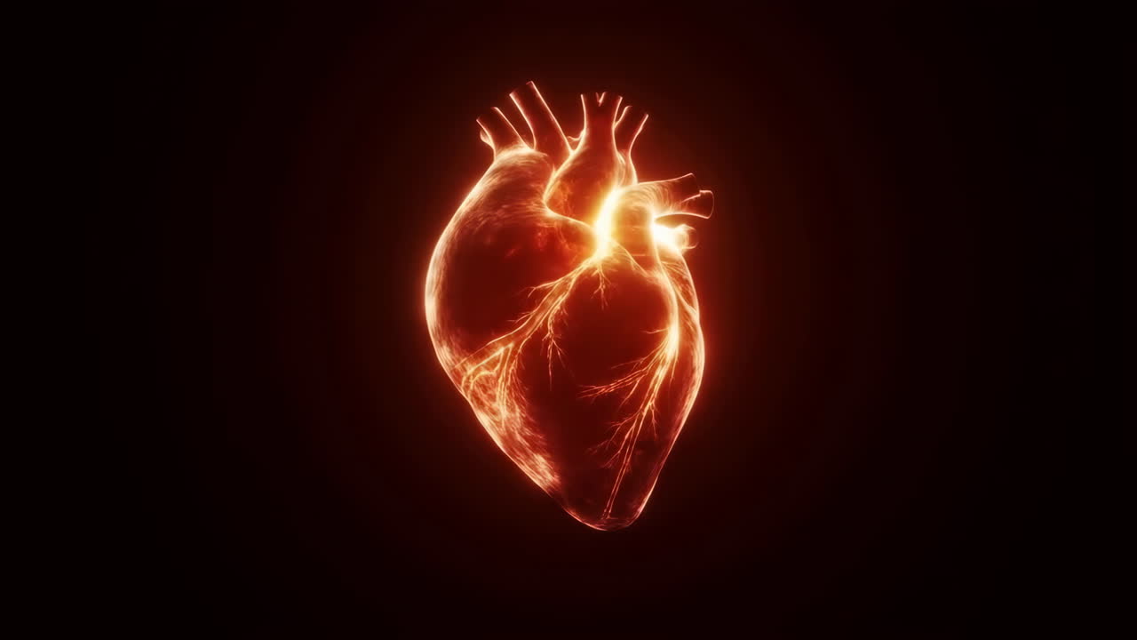 Corazón anatómico luminoso en la oscuridad pulsando con arcos eléctricos y venas incandescentes, médico de alta definición