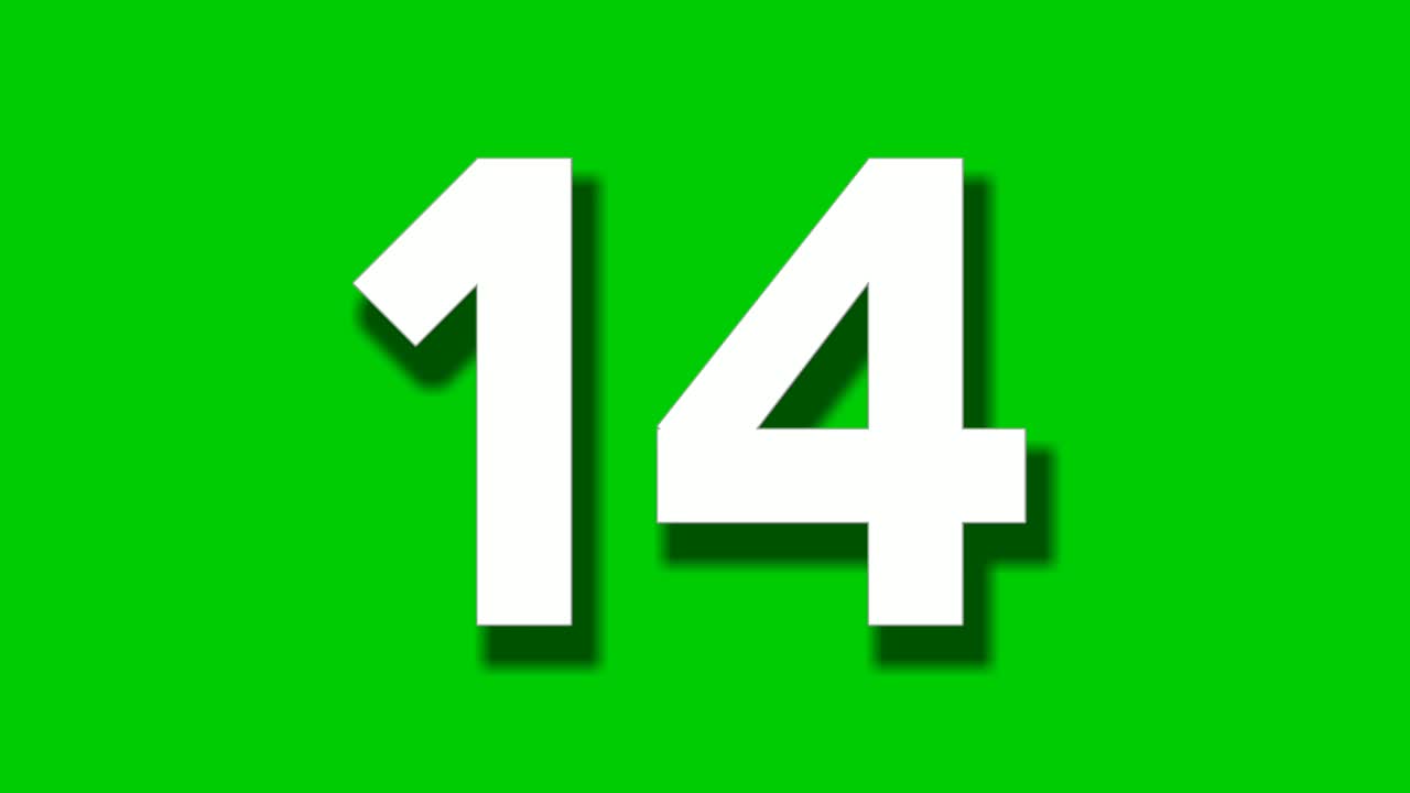 número catorce animación de dibujos animados en fondo de pantalla verde, número de video de dibujos animados 4k gráficos en movimiento para elementos de video