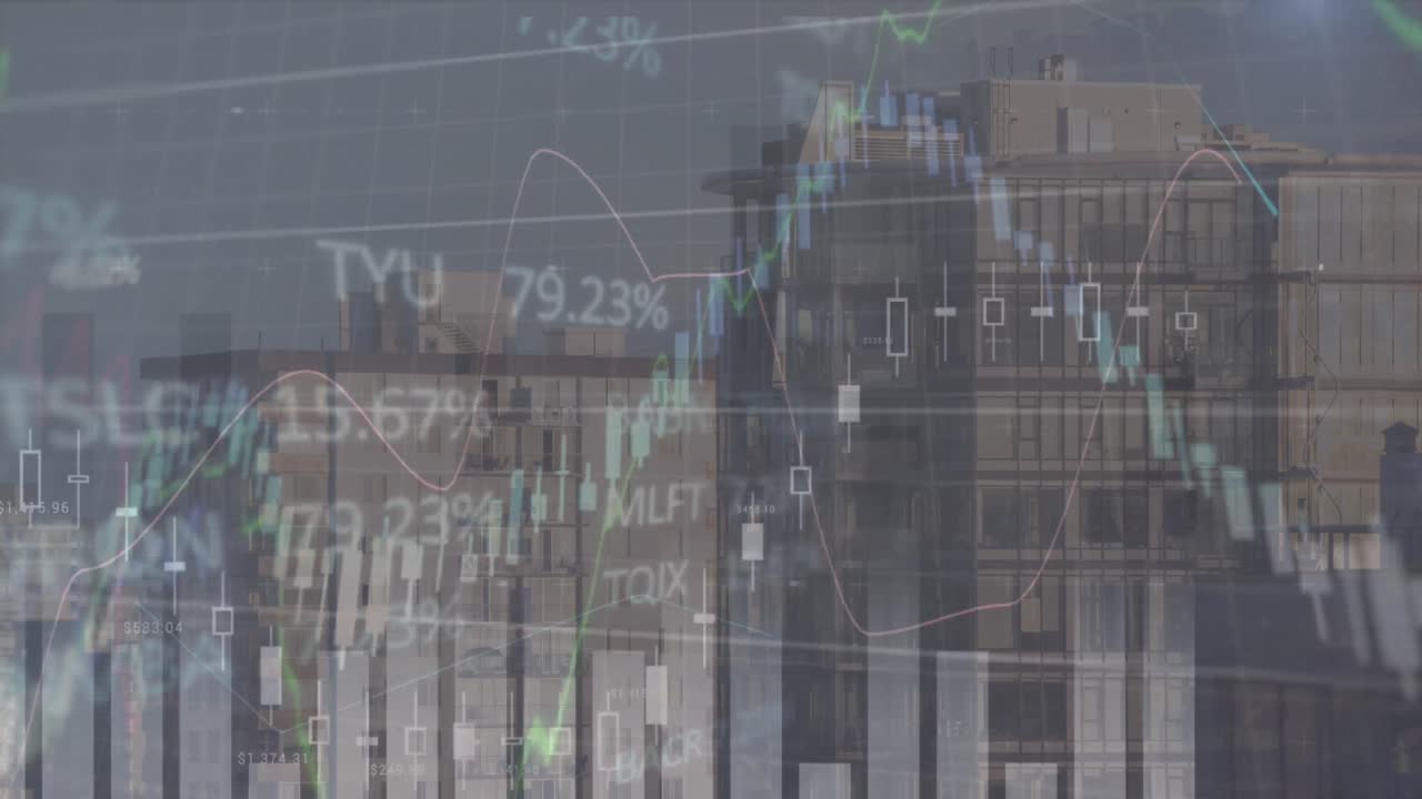 animación del procesamiento de datos financieros y bursátiles contra edificios altos.