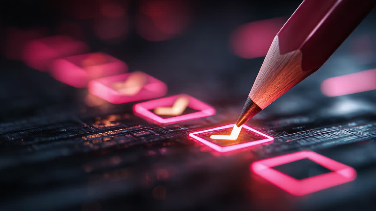 A Close-Up View of a Pencil Selecting Confirmation Boxes in a Futuristic Digital Interface, Highlighting the Concept of Choices and Decision-Making Processes