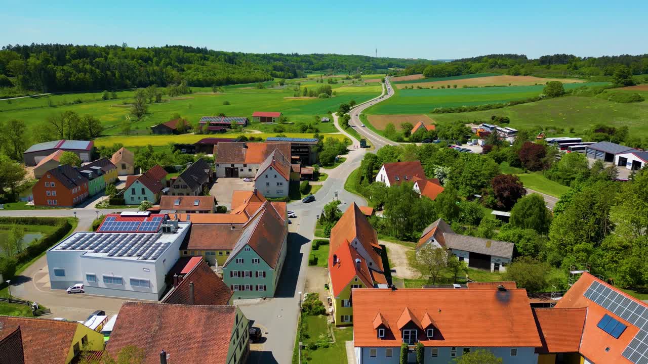 4K Aerial Drone Video of Farmland and Farmhouses in the Village of Sachsen near Ansbach, Germany