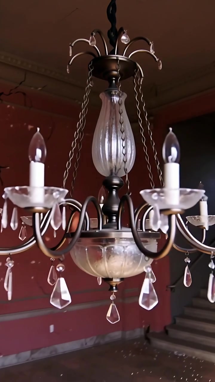 Video verticale: La telecamera si allontana, rivelando un lampadario di bronzo nell'atrio e mostrando frammenti di vetro.