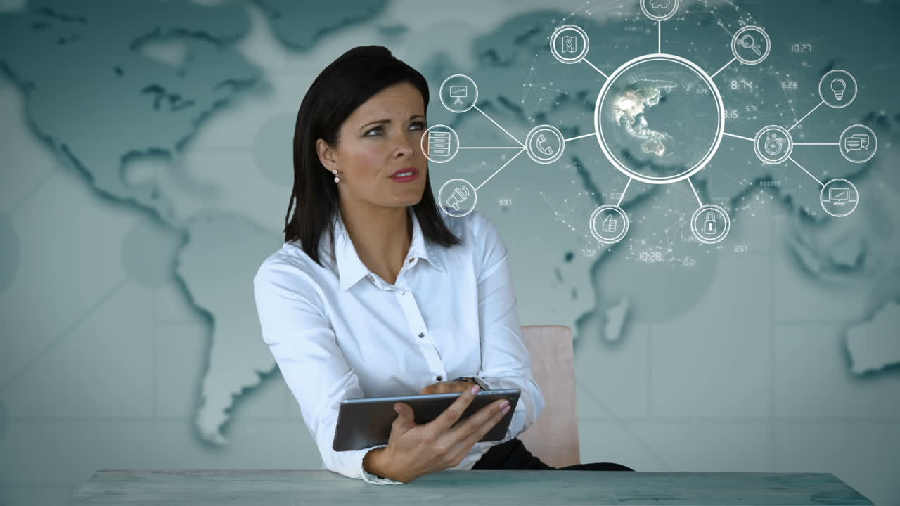 mujer de negocios mirando gráficos digitales 3d