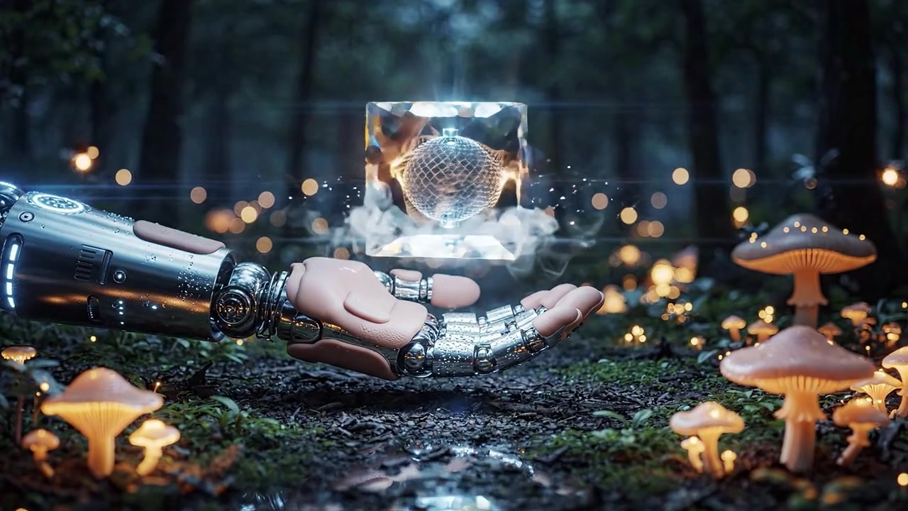 Tangan Robot Memegang Kubus Bercahaya di Hutan Mistik, Dikelilingi Jamur Ajaib dan Cahaya Lembut Lampu Sekitar untuk Petualangan Fiksi Ilmiah