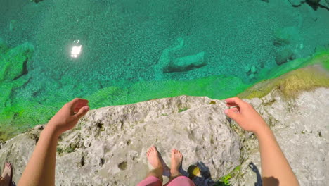 adventure, ocean and man jump on cliff