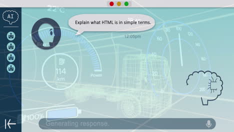 animation of online ai chat over 3d car drawing