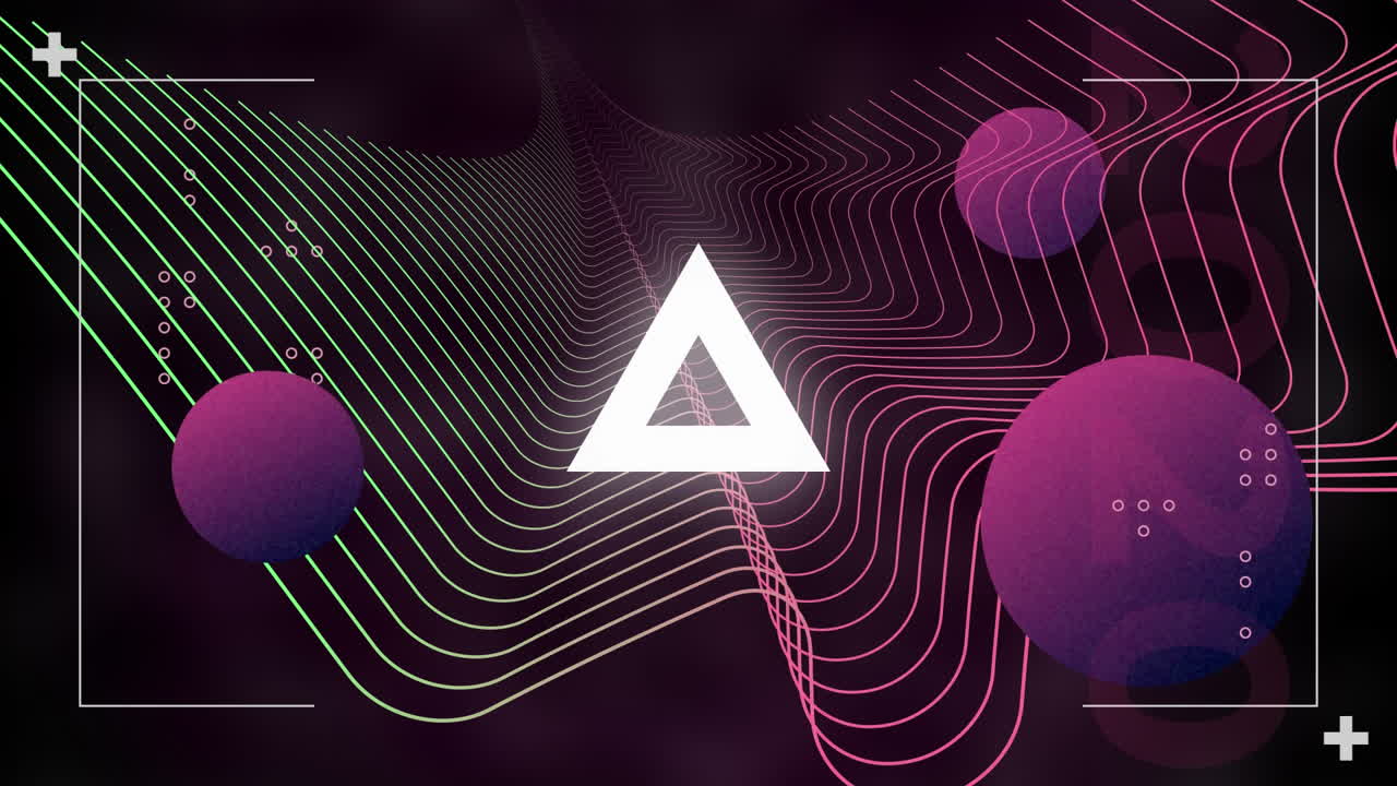 Digital animation of neon geometrical abstract shapes moving against purple background