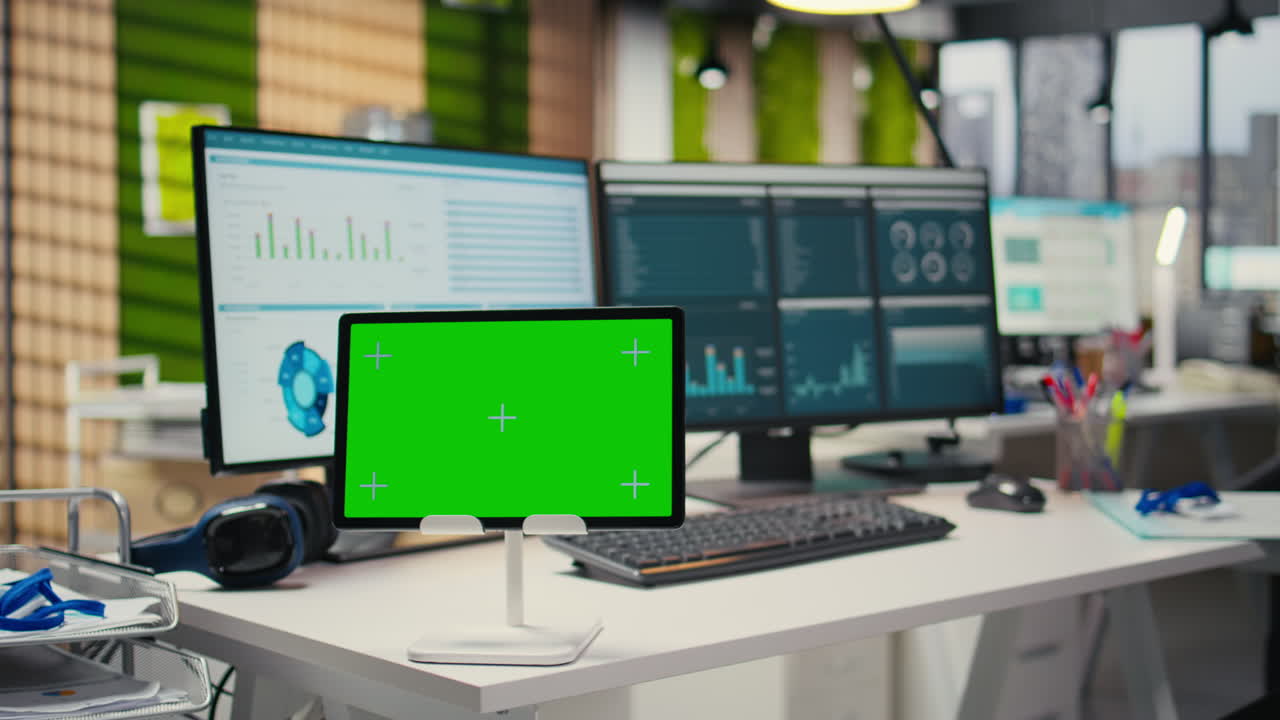 Vertical Video Empty office showcases tablet with isolated chroma key and modern tools
