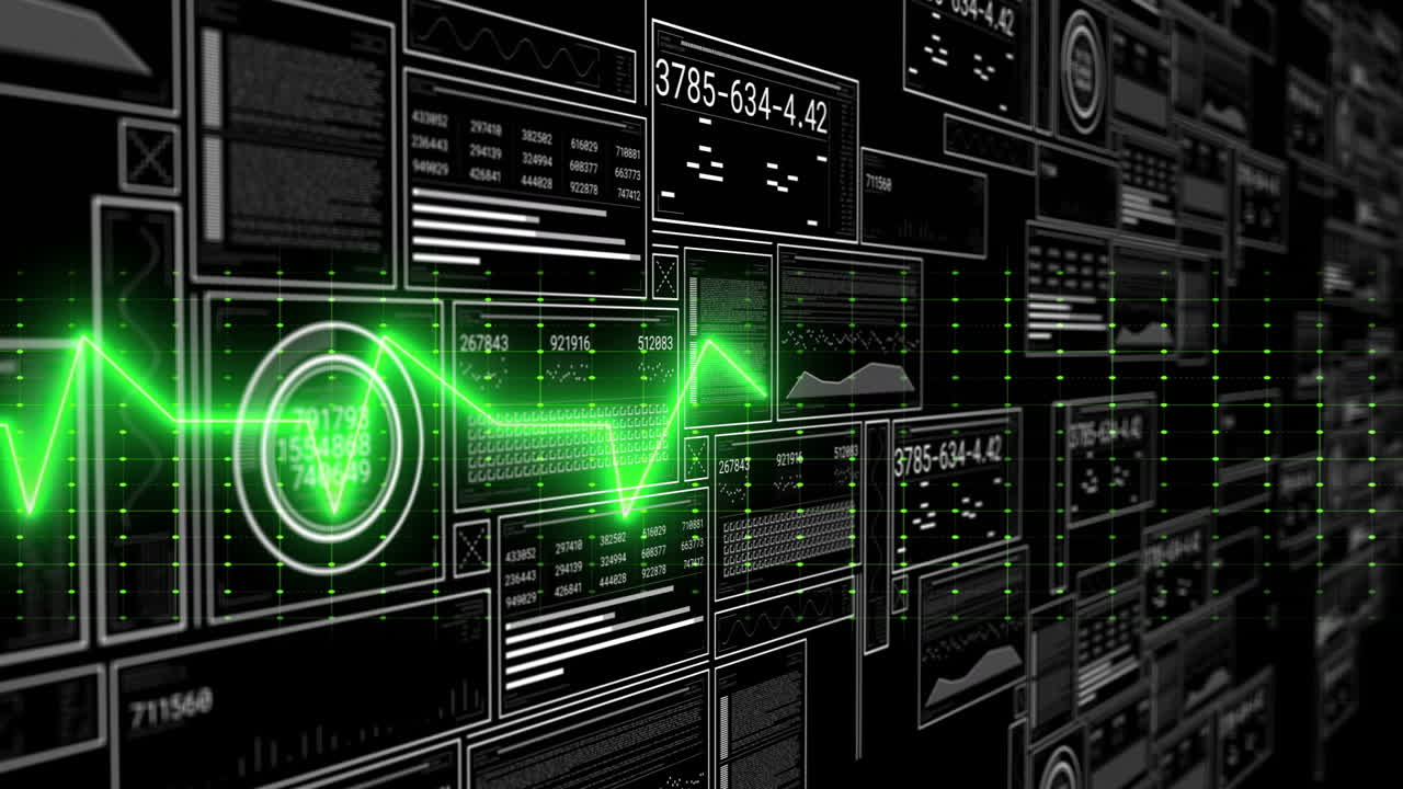 Digital data panels with green heartbeat animation over black background