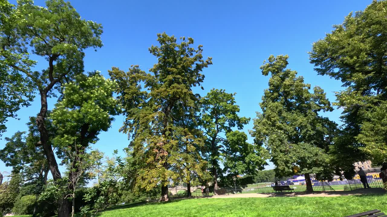 Camera pans left to right, revealing a stone angel statue atop a pedestal in a lush park with vibrant green trees and clear blue sky