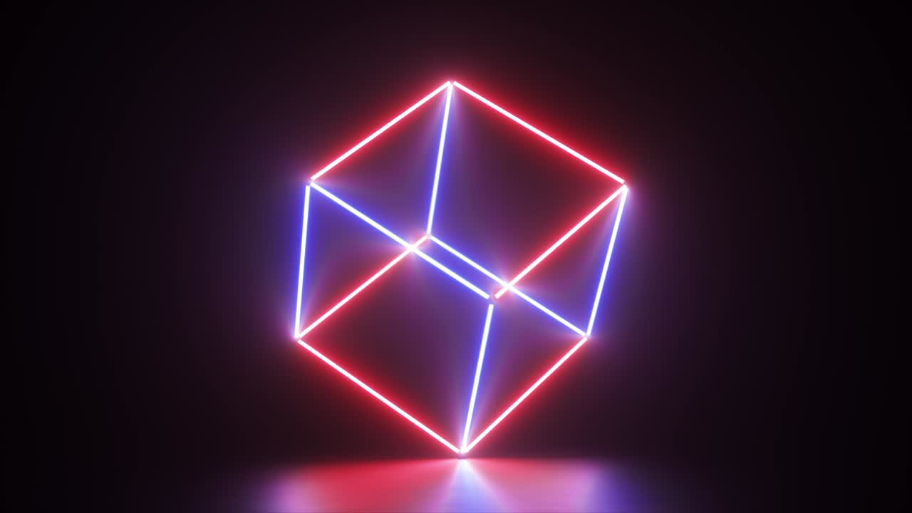líneas de neón brillantes abstractas que crean un cubo, espectro azul-rojo, luz ultravioleta fluorescente, iluminación moderna de colores, animación cg de bucle sin costuras de 4k