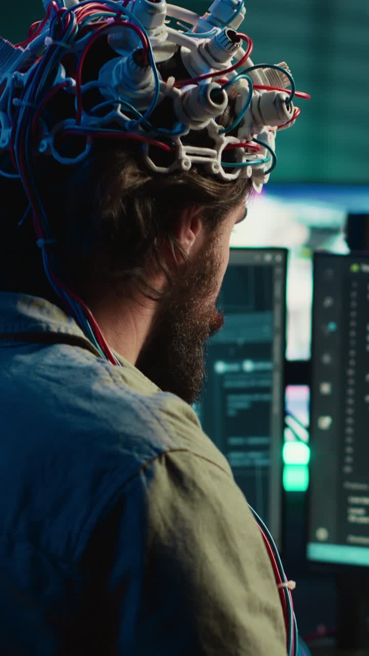 Man Wearing EEG Cap Working on Computers in a Dark Lab