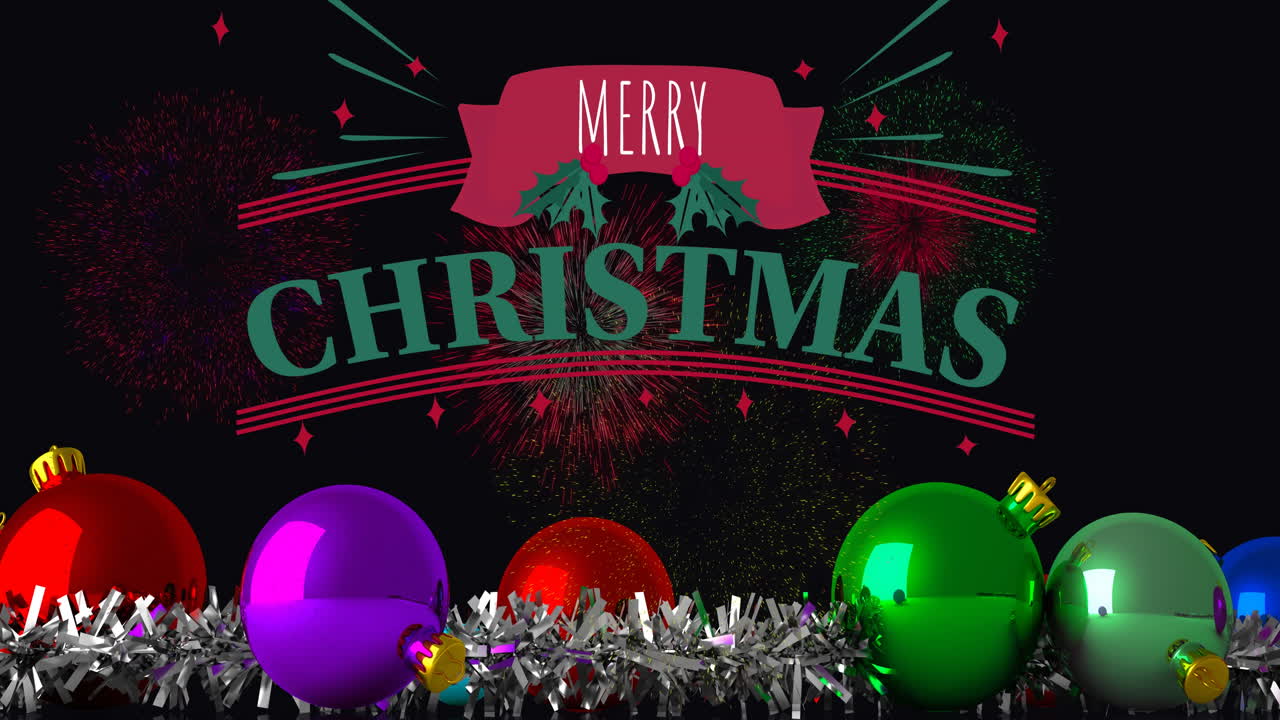 불꽃놀이 와 장난감 위 에 있는 메리 크리스마스 텍스트 의 애니메이션