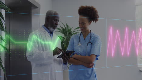 animation of heart rate monitor over african american male doctor, female health worker discussing