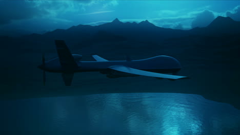 military predator drone flying at night. this intelligent unmanned vehicle armed with the missiles is used to remote aerial attack on desired targets. the plane can control and defense the terrain.