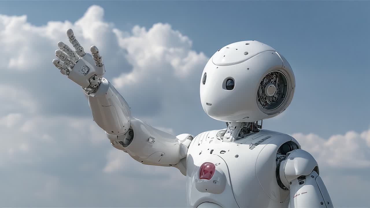 穏やかな空を背景に、歓迎のジェスチャーをする友好的なロボットの姿。先進技術と未来の人間とロボットの相互作用のビジョンを示す