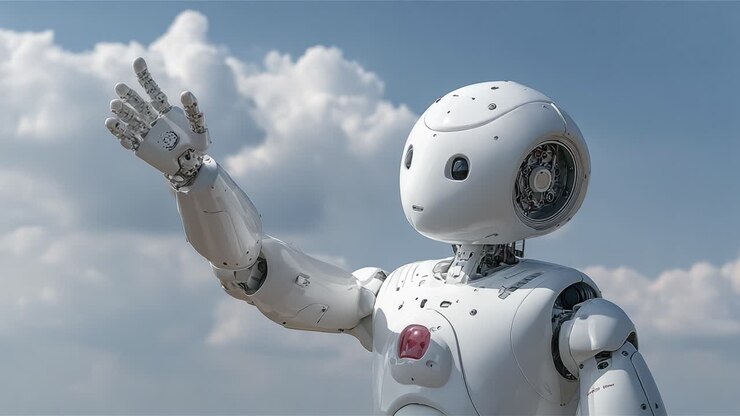 Una figura robotica amichevole, con un gesto accogliente, si erge contro un cielo sereno, mostrando tecnologia avanzata e una visione per la futura interazione uomo-robot.