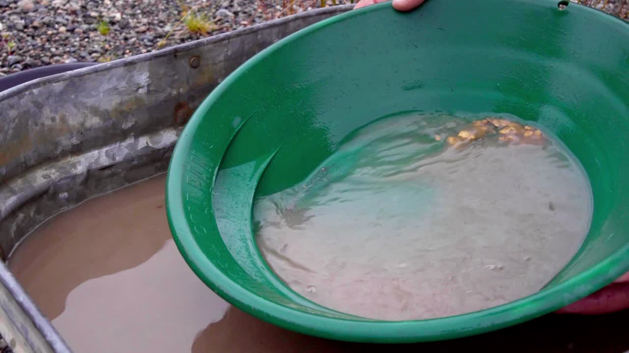 Gold panning and prospecting success: Caucasian male fingers swirling brown water over large golden nuggets in green trap pan, static close up portrait