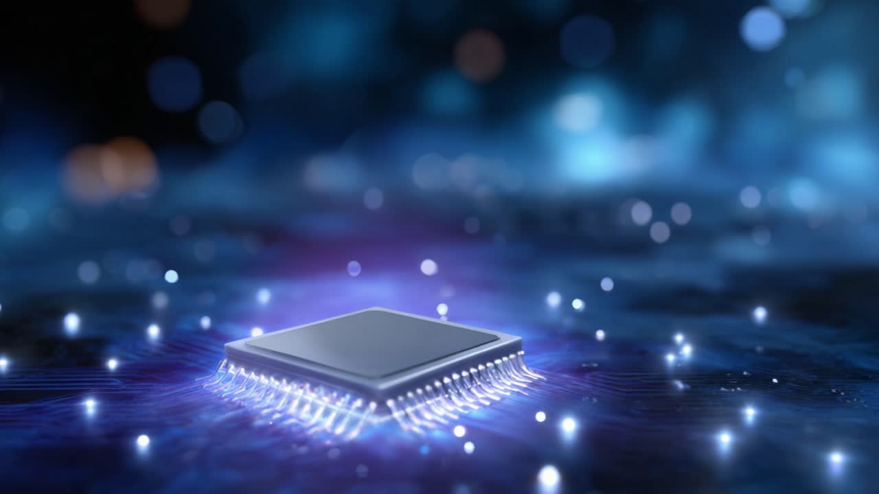 En futuristisk mikrochip oplyst af levende lys, der viser avanceret teknologi i et digitalt miljø, symboliserende innovation og computerkraft.