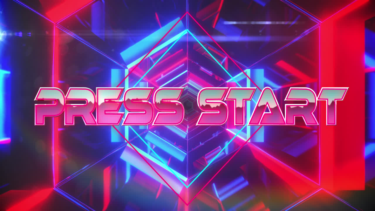 이동하는 디지털 터널 위에 프레스 시작 텍스트의 애니메이션