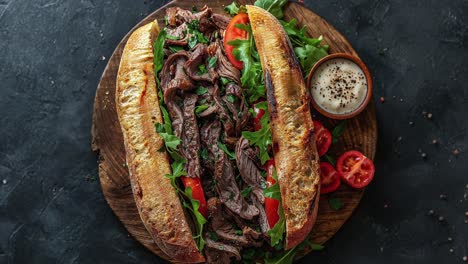 delicious beef sandwich with tomatoes and arugula