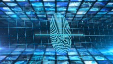 Sicherheitsvorhängeschloss-Und-Biometrischer-Fingerabdruckscanner-über-Rasternetzwerk-Vor-Blauem-Hintergrund