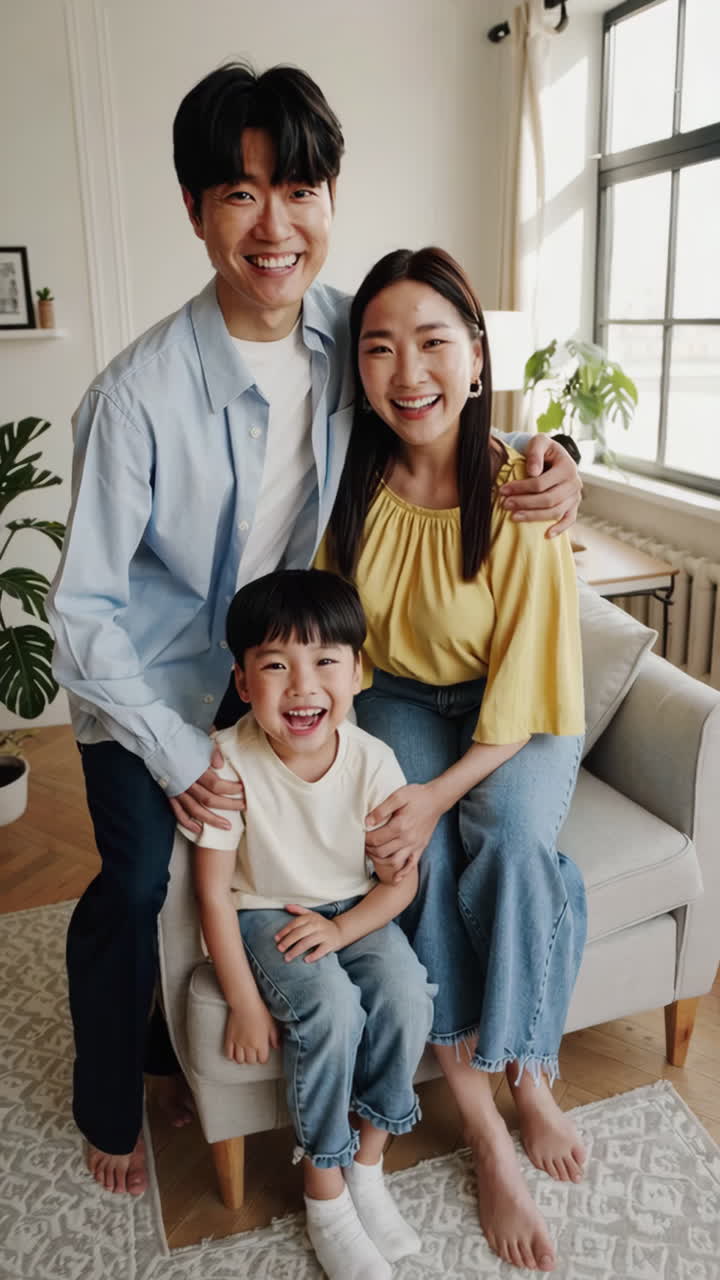 Happy Asian Family Sharing a Joyful Moment at Home
