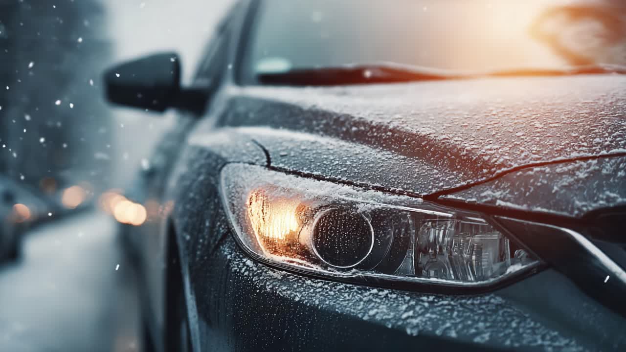 A close-up view of a car's headlight and frosty windshield in a winter setting, showcasing the beauty of snow and ice on a cold day
