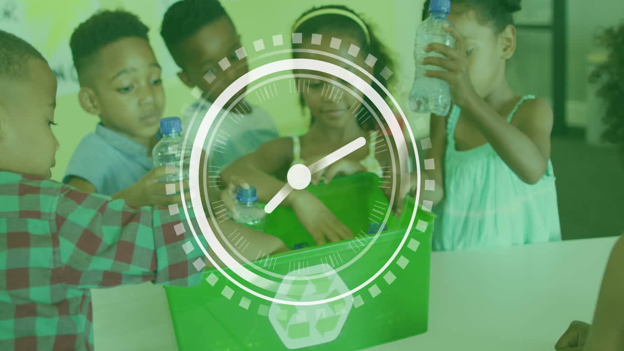 Animation of clock over diverse schoolchildren recycling plastic in class