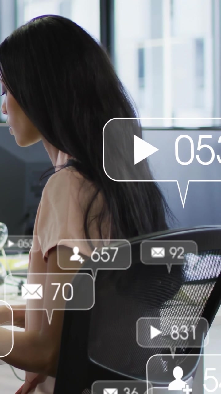 Vertical video: Marketer typing then UI badges appearing, updating counts, fading for metrics