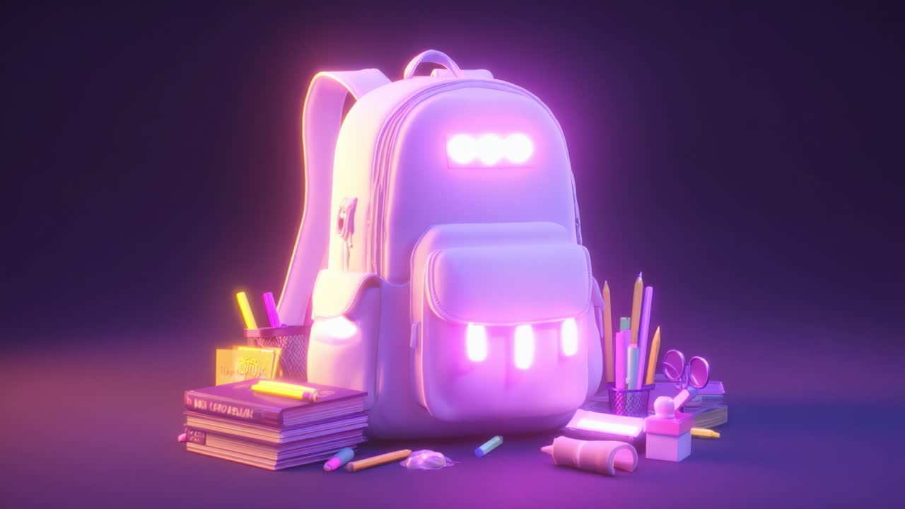 A beautifully designed, glowing backpack surrounded by a collection of colorful school supplies, showcasing an artistic blend of light and various study essentials while creating an inviting atmosphere