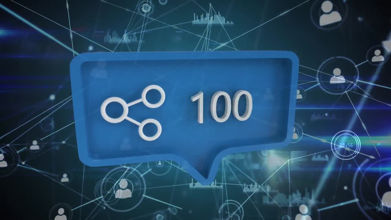 연결 아이콘과 연결 네트워크에서 성장하는 숫자를 가진 파란색 음성 버블의 애니메이션