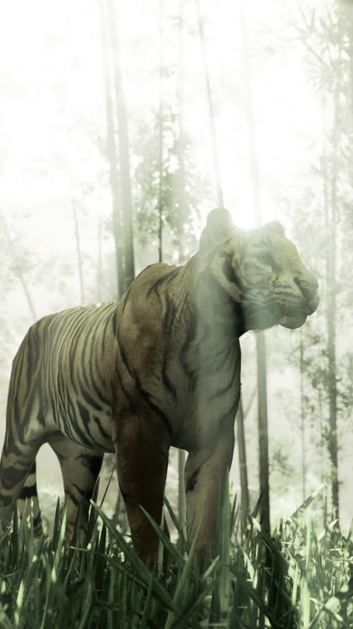 Majestic white tiger standing amidst lush green bamboo forest