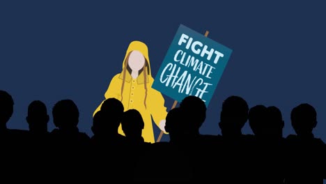 animation of woman and people protesting with banner against climate change