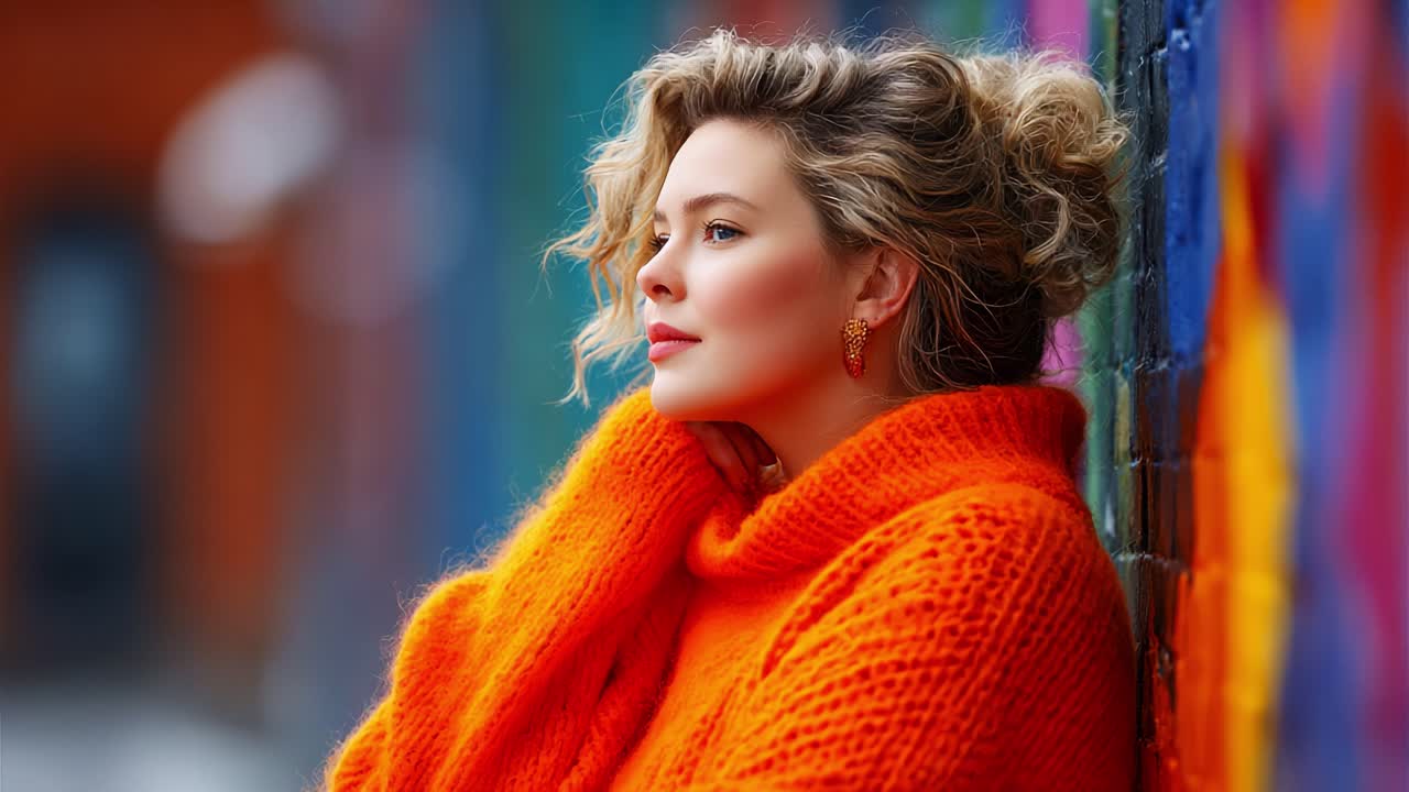 A contemplative moment captured in vibrant hues, showcasing a woman in a cozy orange sweater against a lively graffiti backdrop, exuding a sense of serenity and style