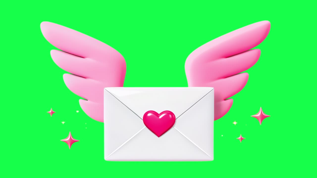 Love letter with wings animation, transparent 4K video, green screen