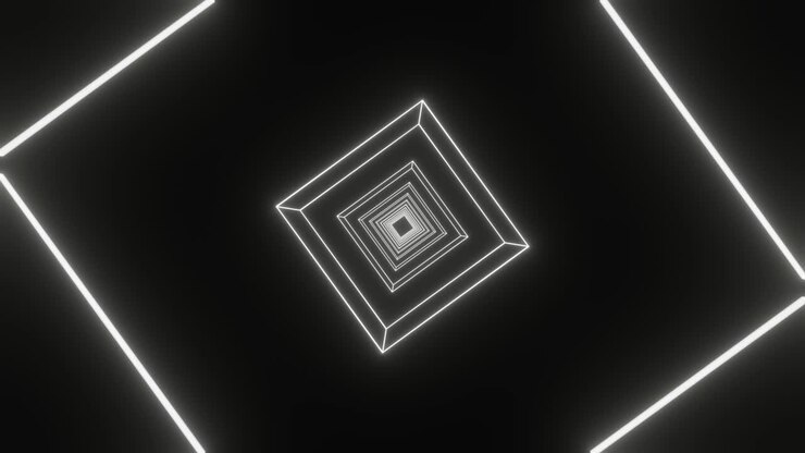 Futuristic tunnel in white neon glowing cubes in a black space. Minimal creative concept motion graphic seamless looped animated background