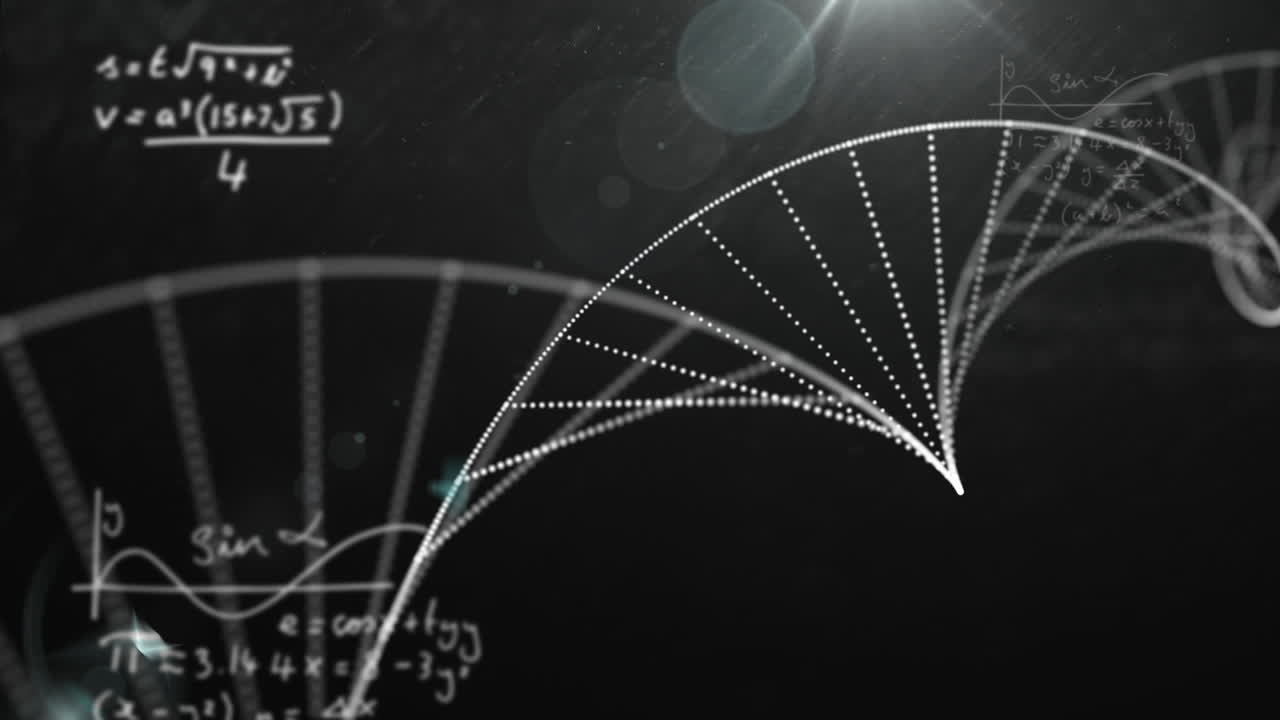 Digital animation of dna structure spinning against mathematical equations on black background