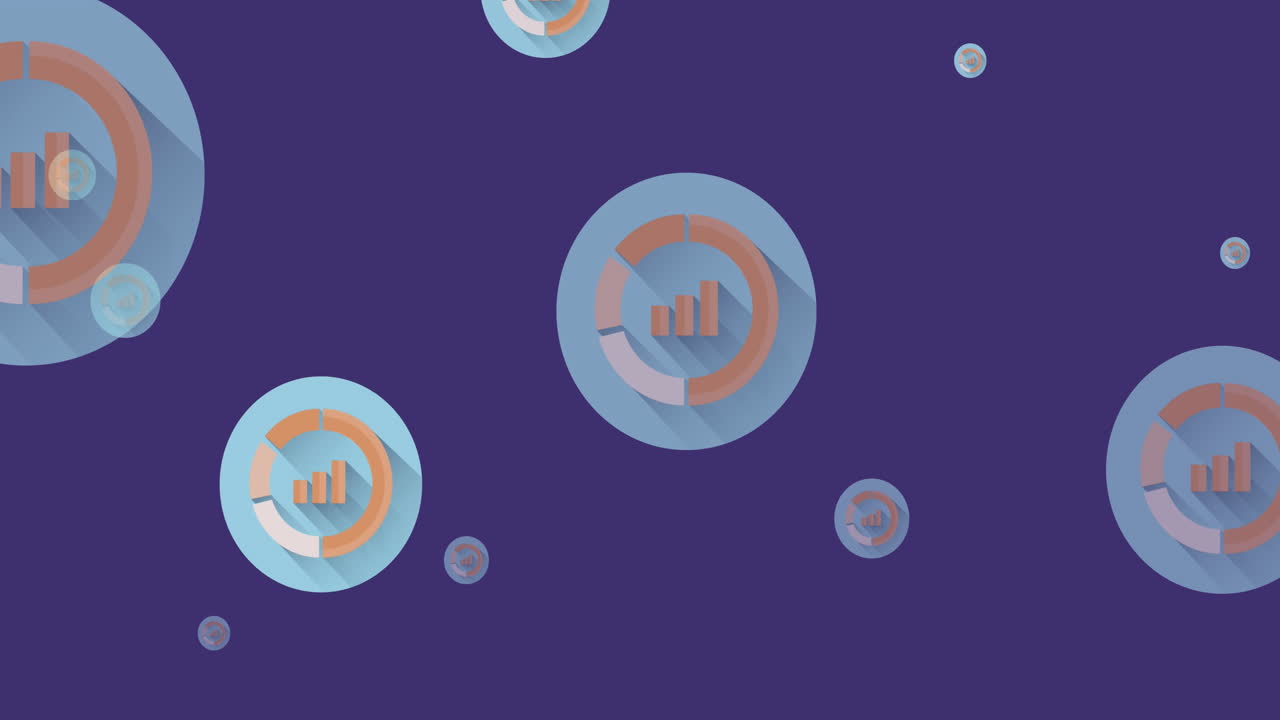 animación de iconos de estadísticas digitales de color naranja volando sobre un fondo púrpura