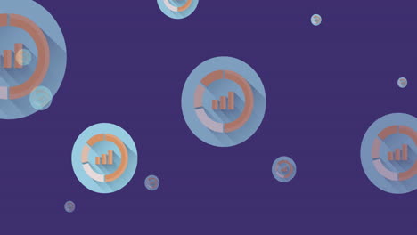 animación de iconos de estadísticas digitales de color naranja volando sobre un fondo púrpura