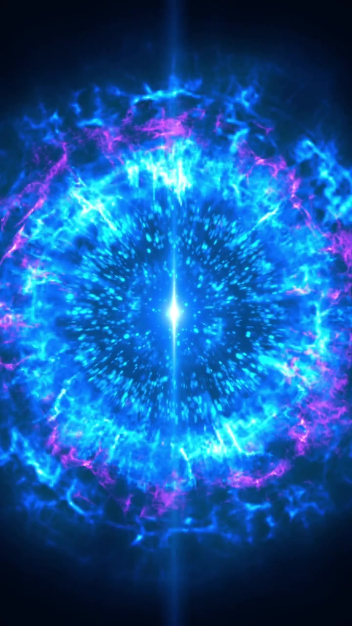 Una potente esplosione di energia blu nello spazio, che crea un'onda d'urto di particelle, perfetta per un video verticale a tema sci-fi o azione.